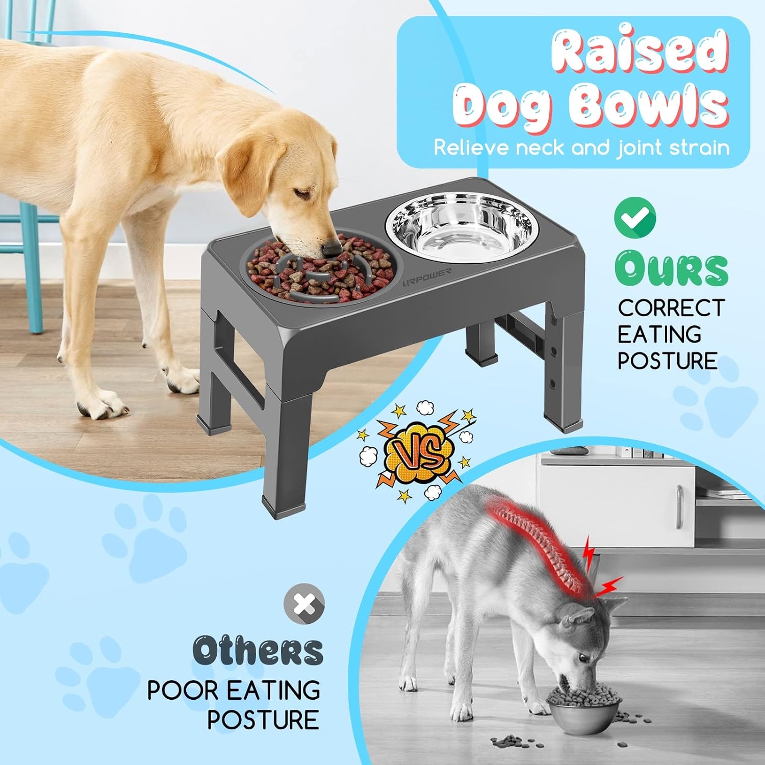 image:imageURPOWER Raised Dog Bowls 4 Height Adjustable Elevated Bowl Stand with Stainless Steel Water Bowl NonSlip Dog Food Bowls Stand for Small Medium Large Dogs and PetsDark Grey