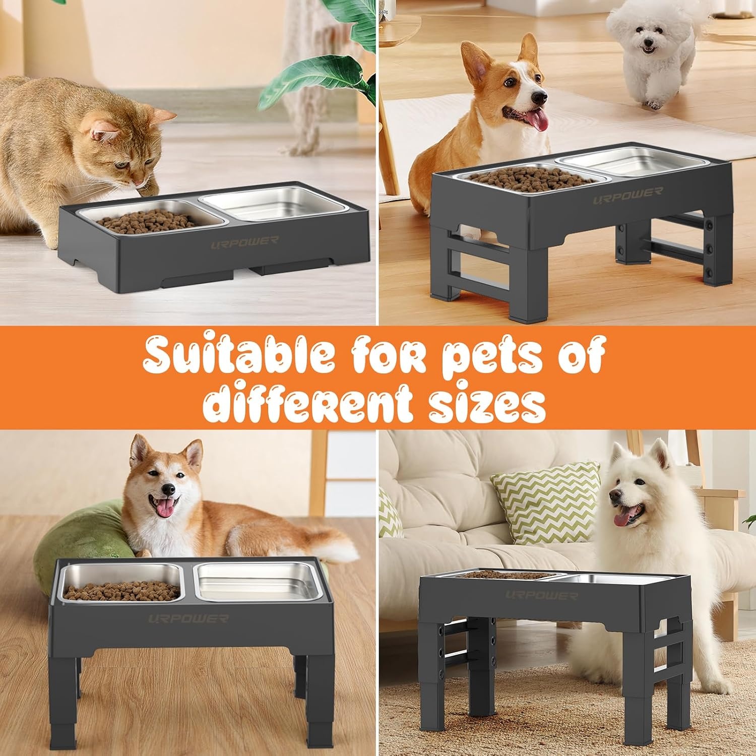 image:imageURPOWER Raised Dog Bowls 4 Height Adjustable Elevated Bowl Stand with Stainless Steel Water Bowl NonSlip Dog Food Bowls Stand for Small Medium Large Dogs and PetsCarbon Black