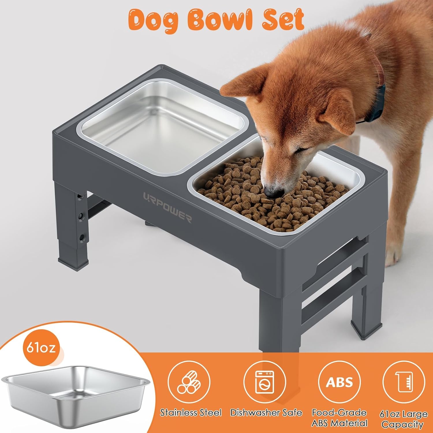 image:imageURPOWER Raised Dog Bowls 4 Height Adjustable Elevated Bowl Stand with Stainless Steel Water Bowl NonSlip Dog Food Bowls Stand for Small Medium Large Dogs and PetsSteel Grey