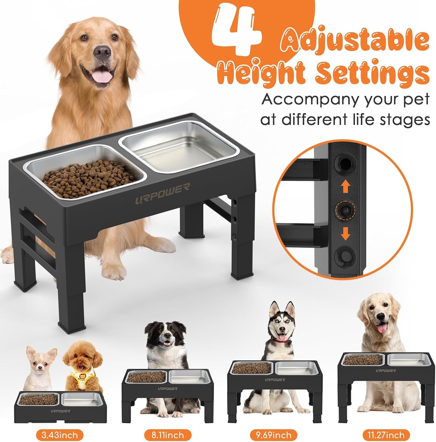 image:imageURPOWER Raised Dog Bowls 4 Height Adjustable Elevated Bowl Stand with Stainless Steel Water Bowl NonSlip Dog Food Bowls Stand for Small Medium Large Dogs and PetsCarbon Black