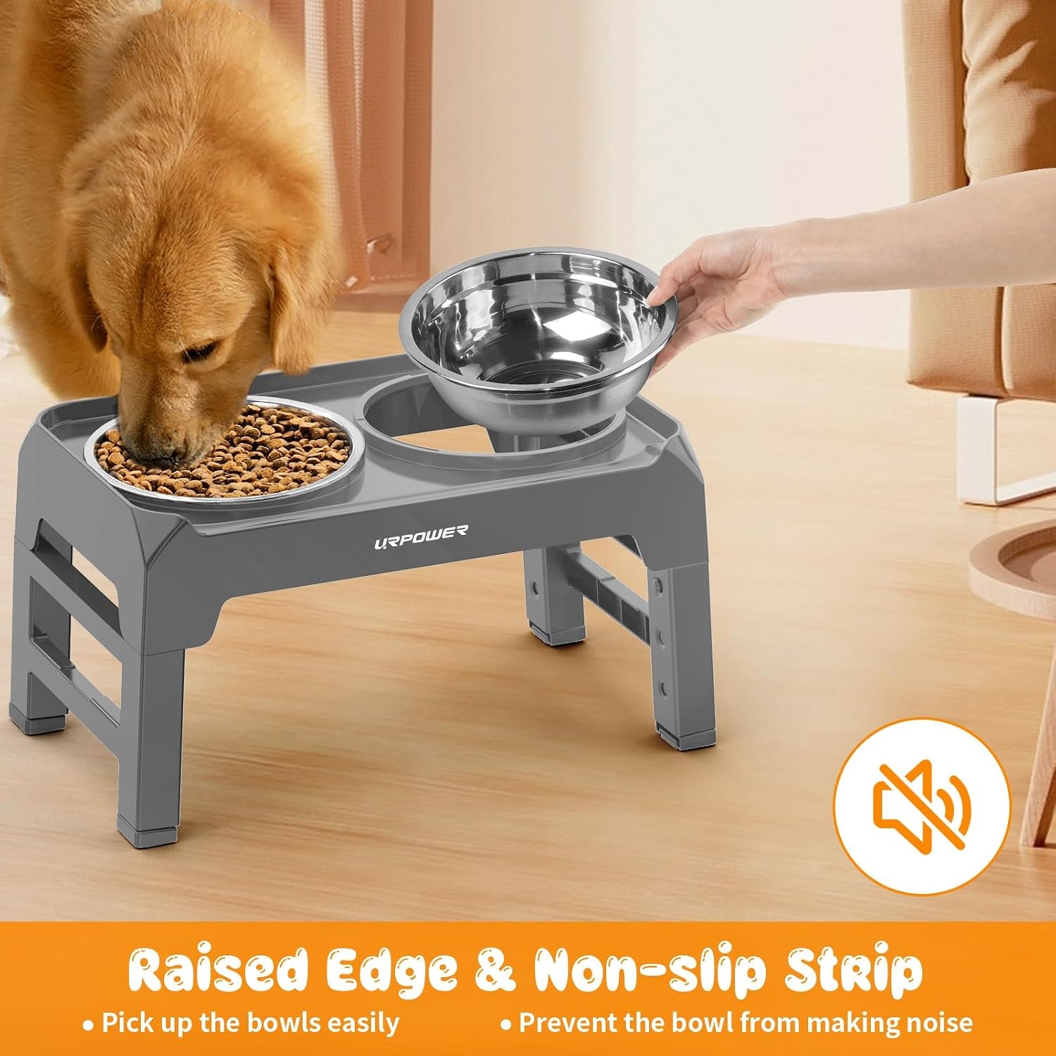 image:imageURPOWER Raised Dog Bowls 4 Height Adjustable Elevated Bowl Stand with Stainless Steel Water Bowl NonSlip Dog Food Bowls Stand for Small Medium Large Dogs and PetsLight Grey