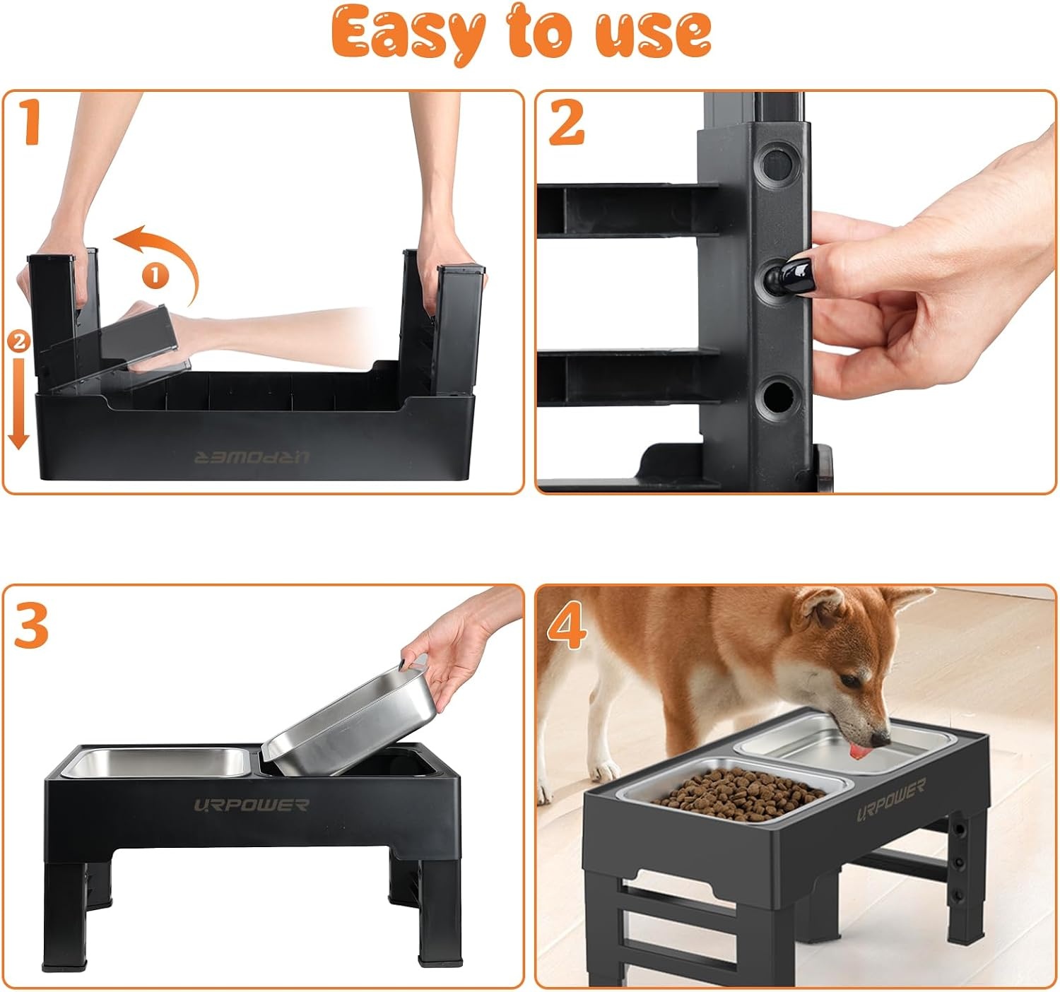 image:imageURPOWER Raised Dog Bowls 4 Height Adjustable Elevated Bowl Stand with Stainless Steel Water Bowl NonSlip Dog Food Bowls Stand for Small Medium Large Dogs and PetsCarbon Black