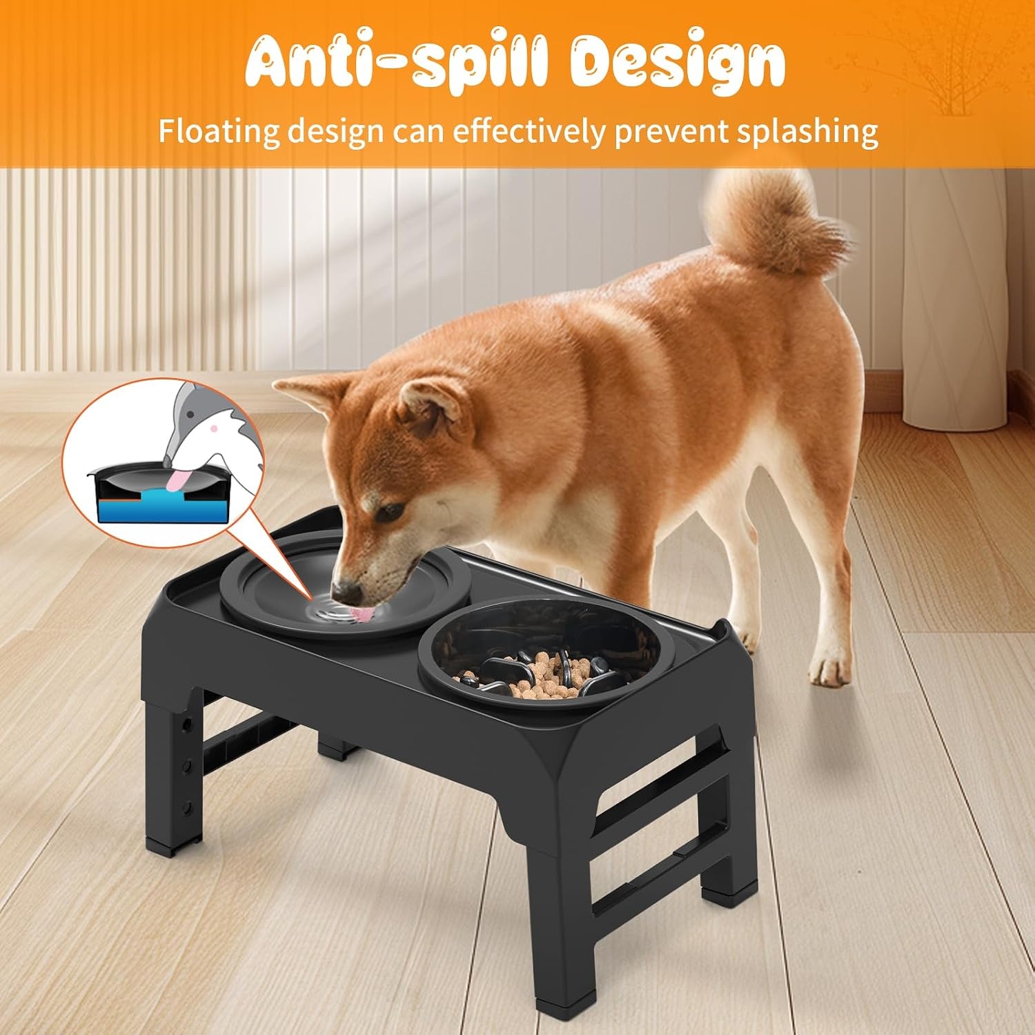 image:imageURPOWER Raised Dog Bowls 4 Height Adjustable Elevated Bowl Stand with Stainless Steel Water Bowl NonSlip Dog Food Bowls Stand for Small Medium Large Dogs and PetsMatte Black