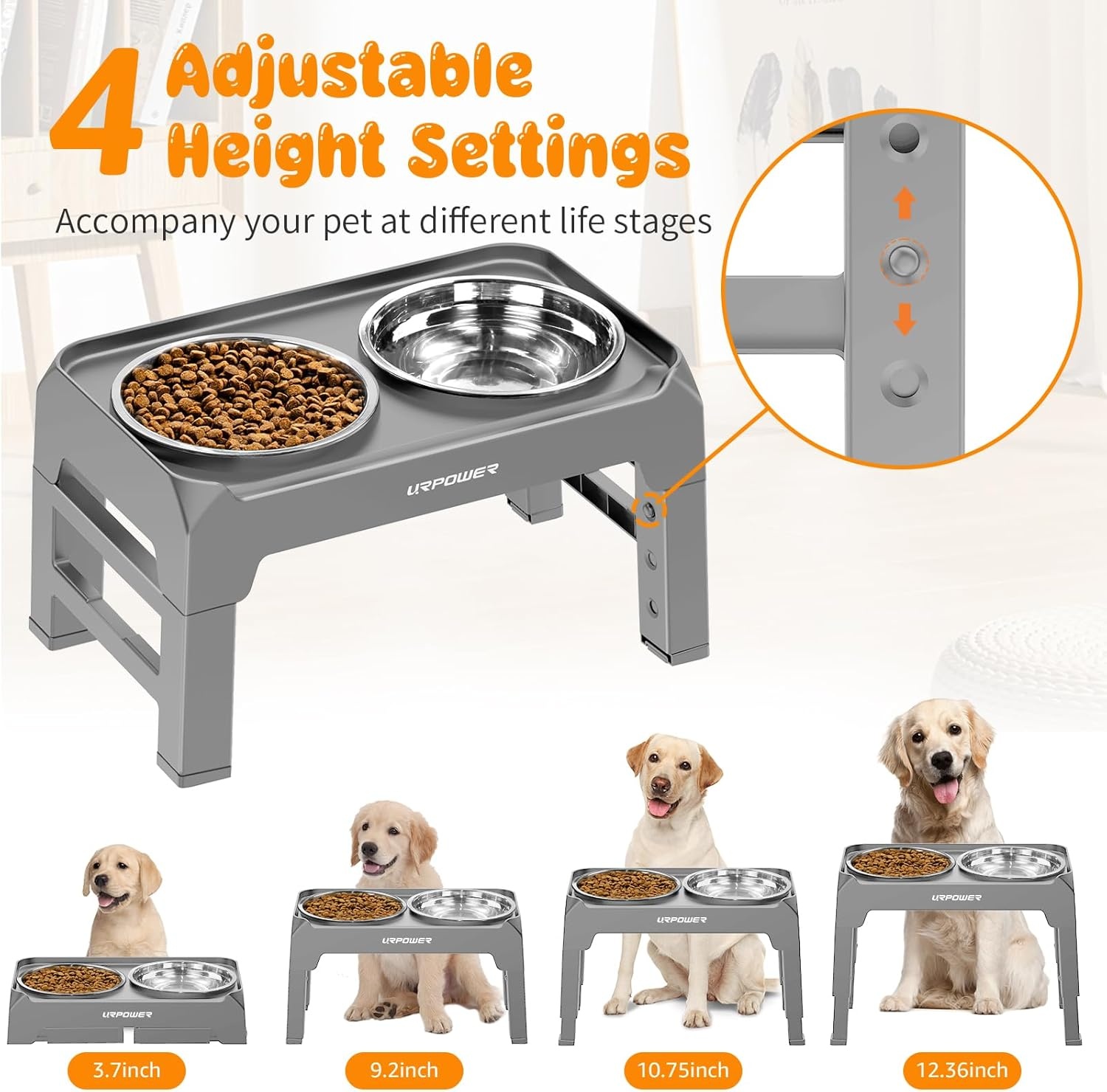 image:imageURPOWER Raised Dog Bowls 4 Height Adjustable Elevated Bowl Stand with Stainless Steel Water Bowl NonSlip Dog Food Bowls Stand for Small Medium Large Dogs and PetsLight Grey