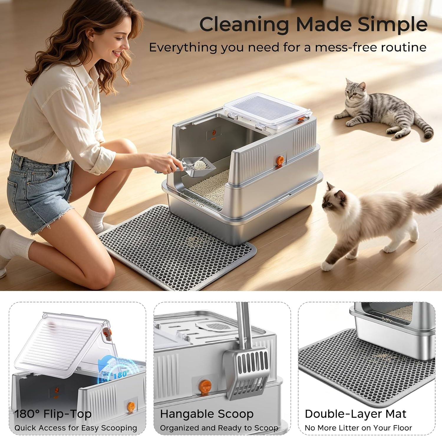 image:imageURPOWER Stainless Steel Cat Litter Box with 110 FlipTop Lid XL Enclosed Metal Litter Box for Large Cats Odor Control AntiUrine Leakage NonStick Pan Front Entry Top Exit Scoop amp Mat IncludedLight Gray