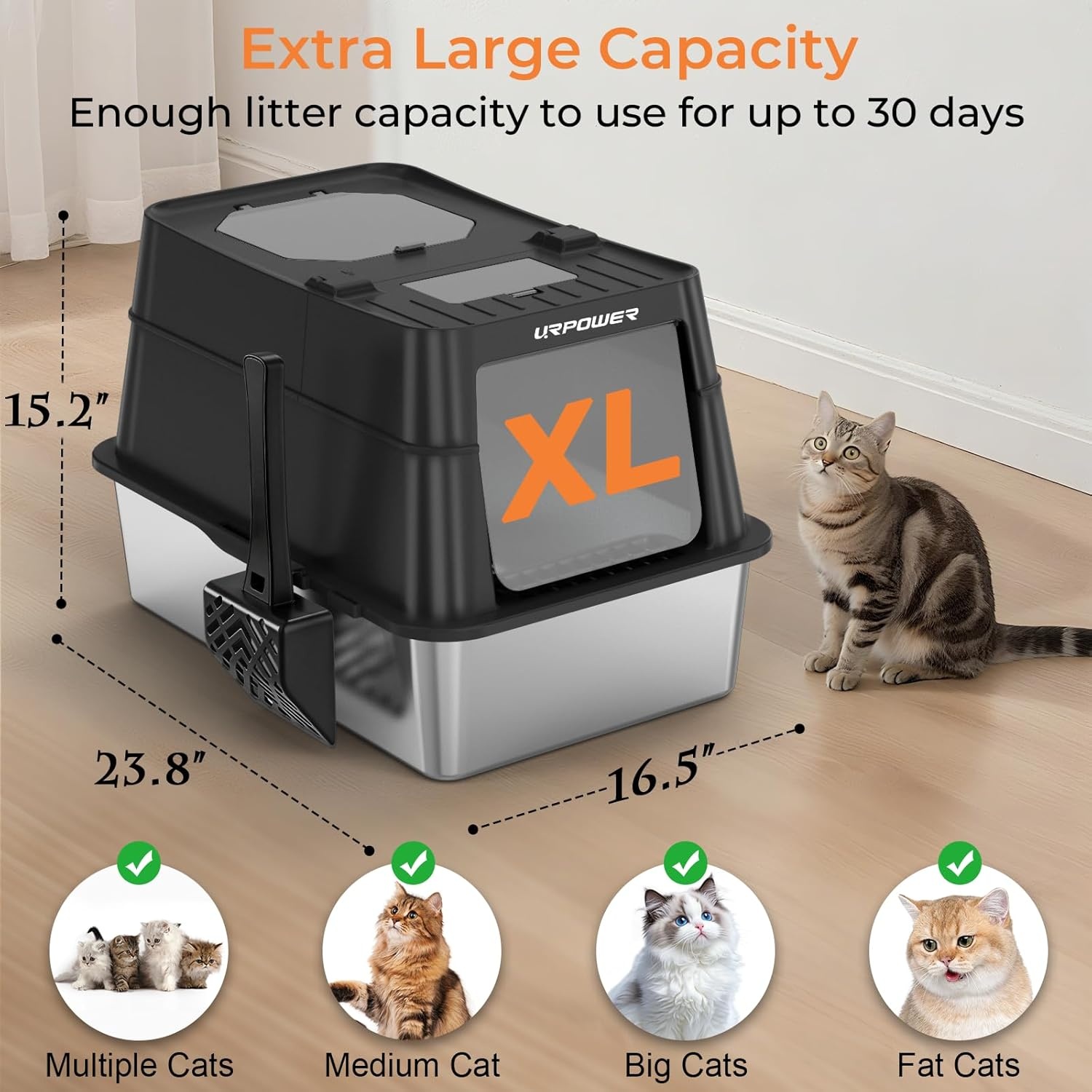 image:imageURPOWER Stainless Steel Cat Litter Box with 110 FlipTop Lid XL Enclosed Metal Litter Box for Large Cats Odor Control AntiUrine Leakage NonStick Pan Front Entry Top Exit Scoop amp Mat IncludedMatte Black