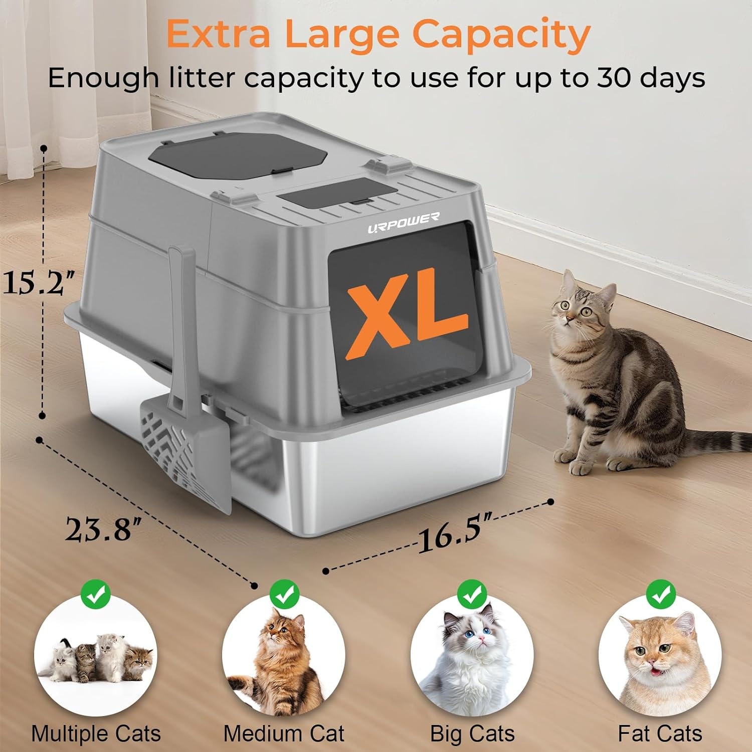 image:imageURPOWER Stainless Steel Cat Litter Box with 110 FlipTop Lid XL Enclosed Metal Litter Box for Large Cats Odor Control AntiUrine Leakage NonStick Pan Front Entry Top Exit Scoop amp Mat IncludedGlacier Gray