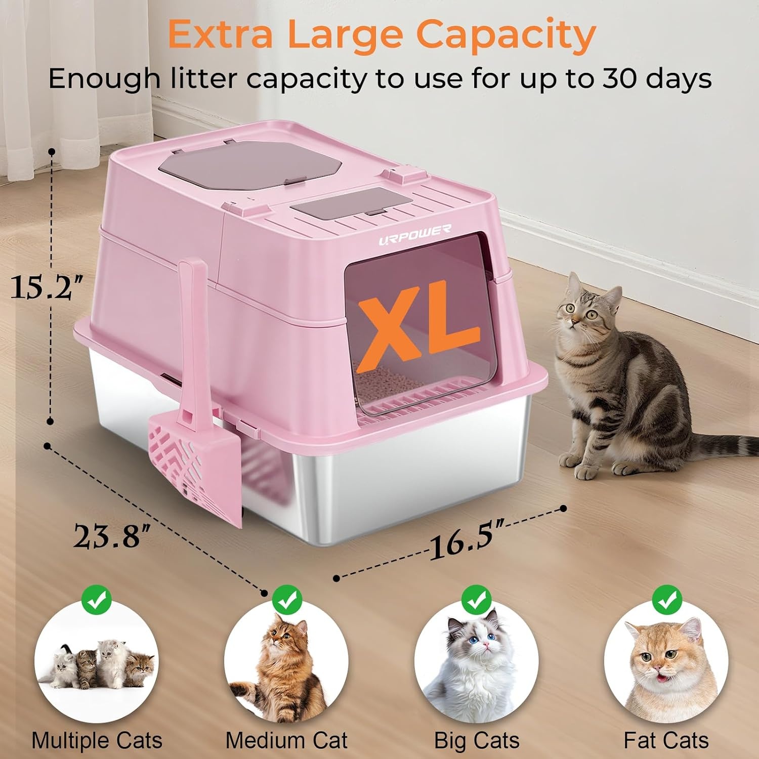 image:imageURPOWER Stainless Steel Cat Litter Box with 110 FlipTop Lid XL Enclosed Metal Litter Box for Large Cats Odor Control AntiUrine Leakage NonStick Pan Front Entry Top Exit Scoop amp Mat IncludedPink