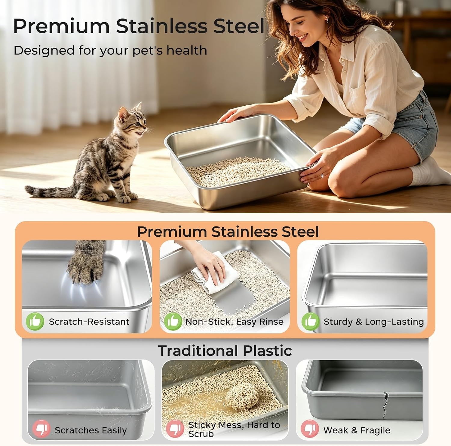 image:imageURPOWER Stainless Steel Cat Litter Box with 110 FlipTop Lid XL Enclosed Metal Litter Box for Large Cats Odor Control AntiUrine Leakage NonStick Pan Front Entry Top Exit Scoop amp Mat IncludedLight Gray
