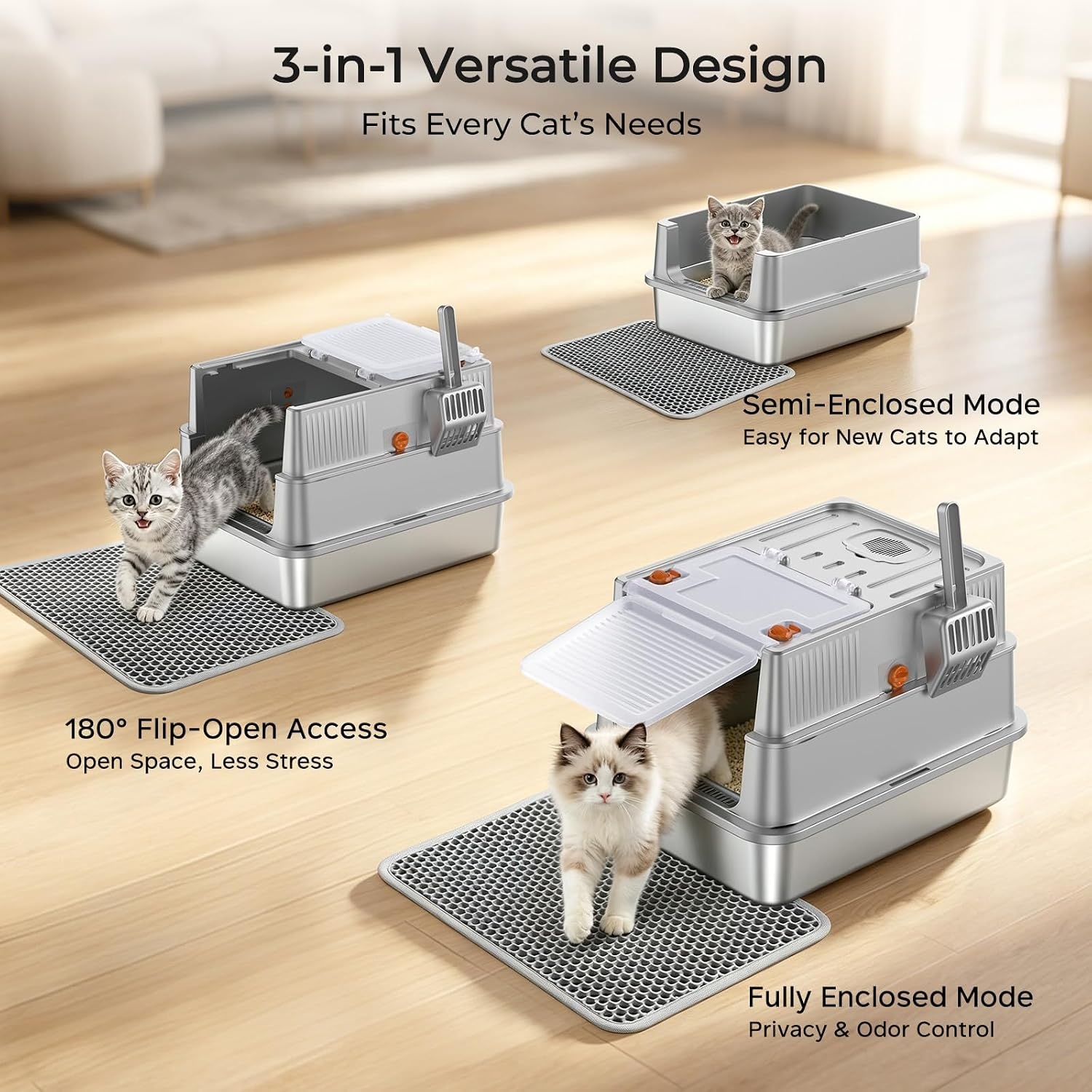 image:imageURPOWER Stainless Steel Cat Litter Box with 110 FlipTop Lid XL Enclosed Metal Litter Box for Large Cats Odor Control AntiUrine Leakage NonStick Pan Front Entry Top Exit Scoop amp Mat IncludedLight Gray