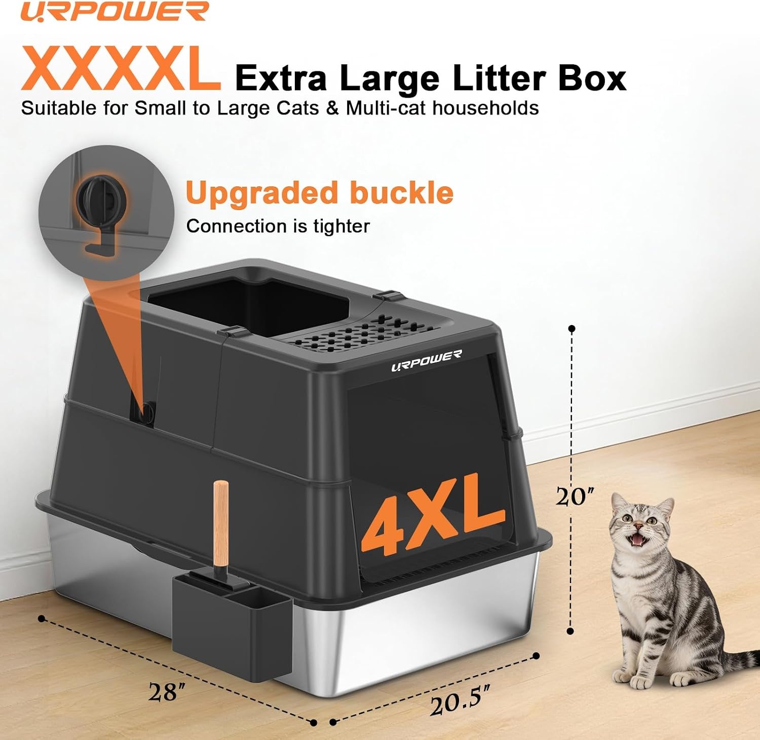 image:imageURPOWER Stainless Steel Cat Litter Box with Lid Extra Large Enclosed Litter Box NonSticky Metal Pan with High Sided amp Scoop Odor Free Front amp Top Entry AntiLeakage Easy CleaningBlack