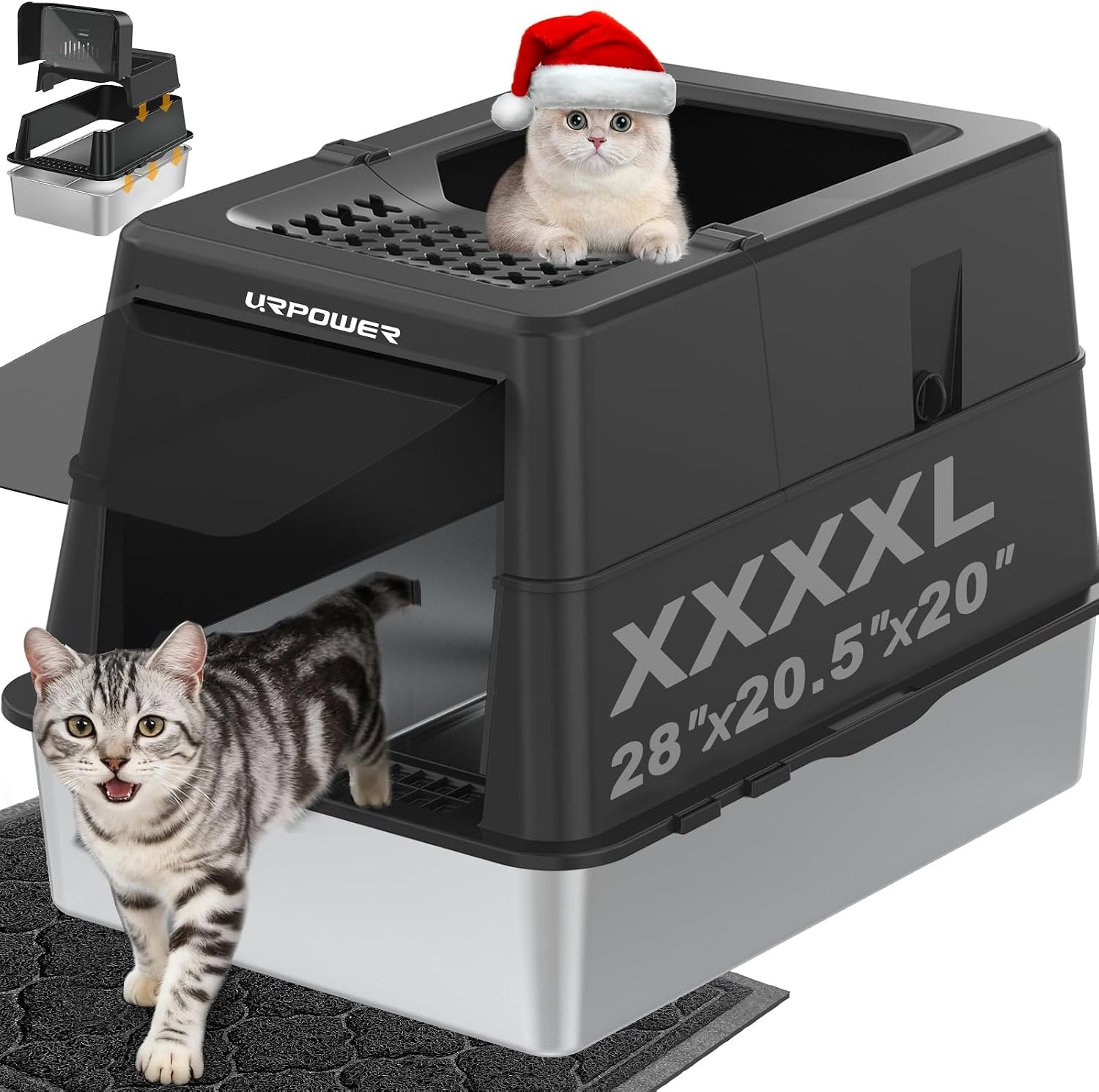 image:imageURPOWER Stainless Steel Cat Litter Box with Lid Extra Large Enclosed Litter Box NonSticky Metal Pan with High Sided amp Scoop Odor Free Front amp Top Entry AntiLeakage Easy CleaningBlack