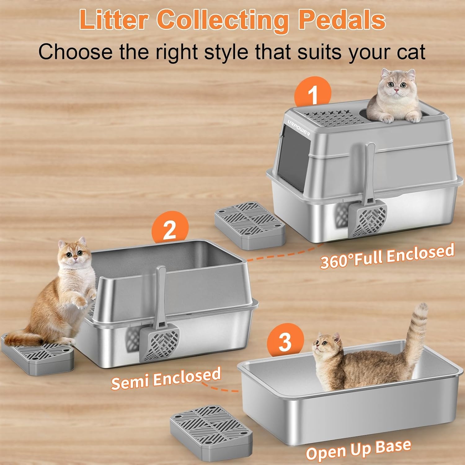 image:imageURPOWER Stainless Steel Cat Litter Box with Lid Extra Large Enclosed Litter Box NonSticky Metal Pan with High Sided amp Scoop Odor Free Front amp Top Entry AntiLeakage Easy CleaningGray