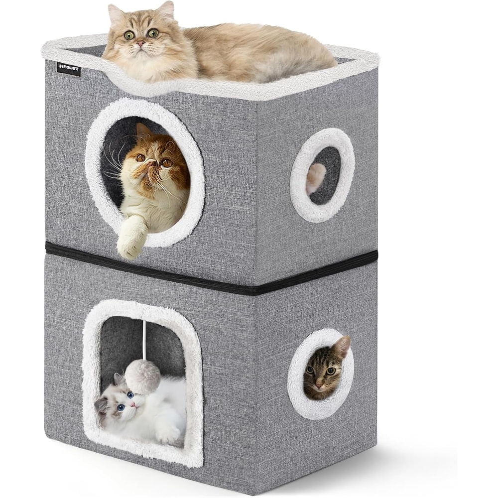 image:imageURPOWER 2 Story Cat Bed Large Cat House for Indoor Cats Covered Cat Cave with Hideaway Scratch Pad and Fluffy Ball Foldable Cat Cube Condos Kitten Beds amp Furniture for Multiple Small Pets