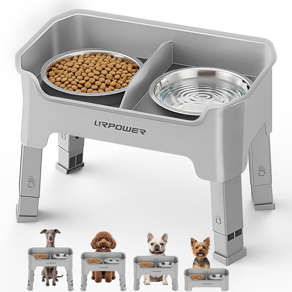 image:imageURPOWER 3in1 Elevated Dog Bowls Mess Proof Double Deck 4 Height Adjustable Raised Stand with 2 Stainless Steel Food Bowls amp Licking Plate for Small Medium amp Large DogsLight Grey