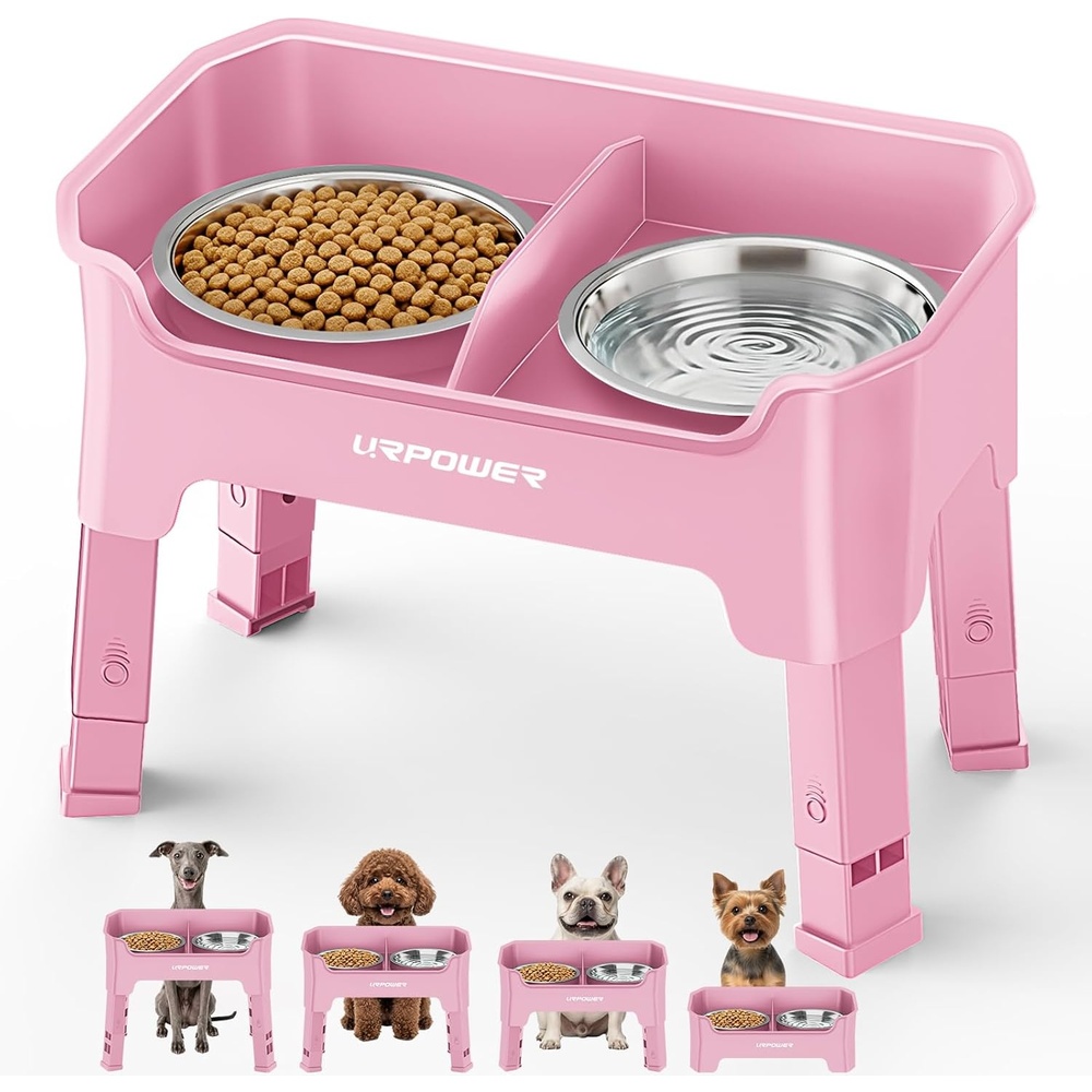 image:imageURPOWER 3in1 Elevated Dog Bowls Mess Proof Double Deck 4 Height Adjustable Raised Stand with 2 Stainless Steel Food Bowls amp Licking Plate for Small Medium amp Large DogsPink