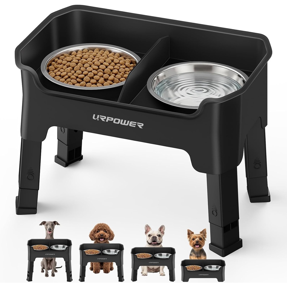 image:imageURPOWER 3in1 Elevated Dog Bowls Mess Proof Double Deck 4 Height Adjustable Raised Stand with 2 Stainless Steel Food Bowls amp Licking Plate for Small Medium amp Large DogsBlack