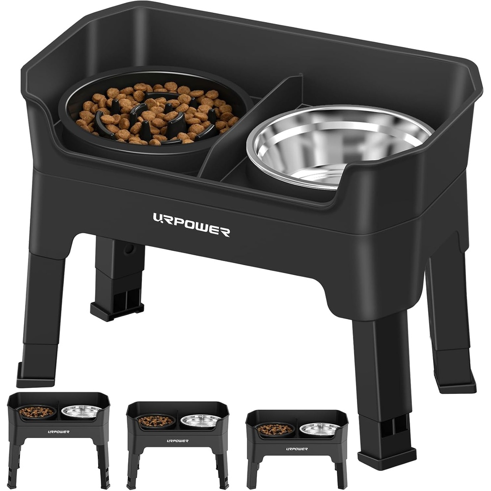 image:imageURPOWER 3in1 Elevated Dog Bowls Mess Proof Double Deck 4 Height Adjustable Raised Stand with 2 Stainless Steel Food Bowls amp Licking Plate for Small Medium amp Large DogsMatte Black