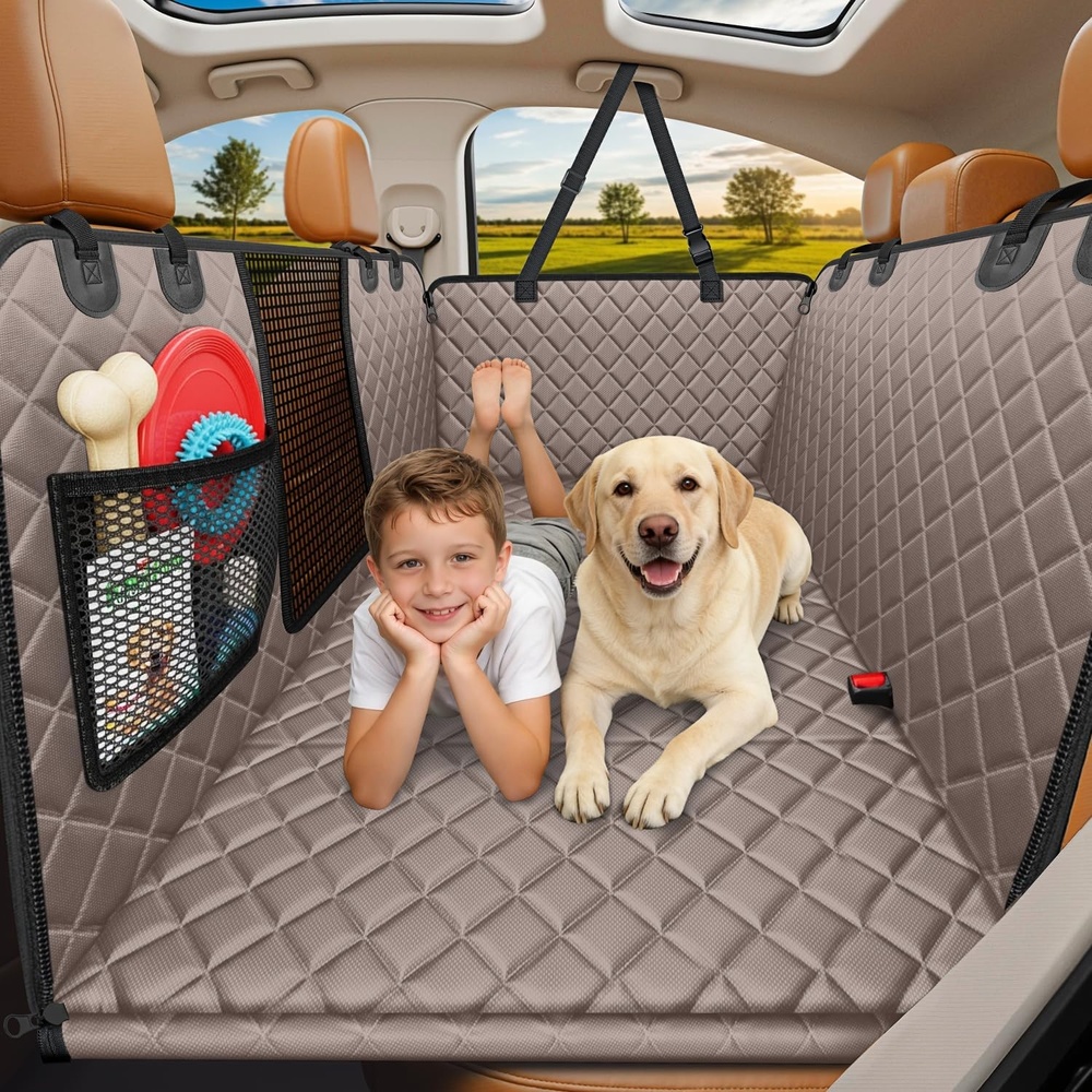 image:imageURPOWER Backseat Extender for Dogs Hard Bottom Dog Car Seat Cover for Back Seat Dog Hammock for Car and SUV Pet Rear Seat Protector Dogs Travel Bed with Mesh WindowKhaki