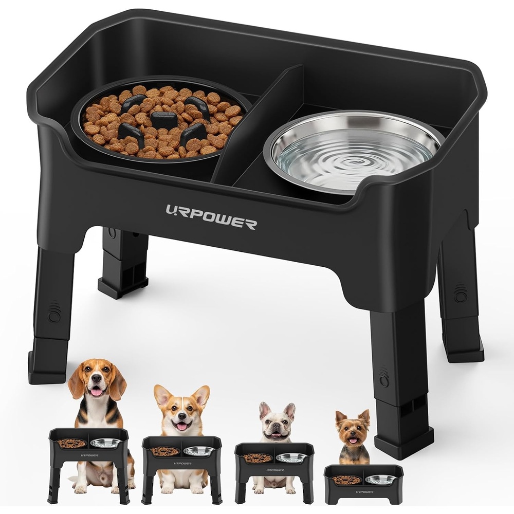 image:imageURPOWER Mess Proof Elevated Dog Bowls 4 Height Adjustable Raised Stand with No Spill Water Bowl and Slow Feeder Dog Bowls NonSlip Food and Water Bowl Set for Small Medium amp Large DogsMatte Black