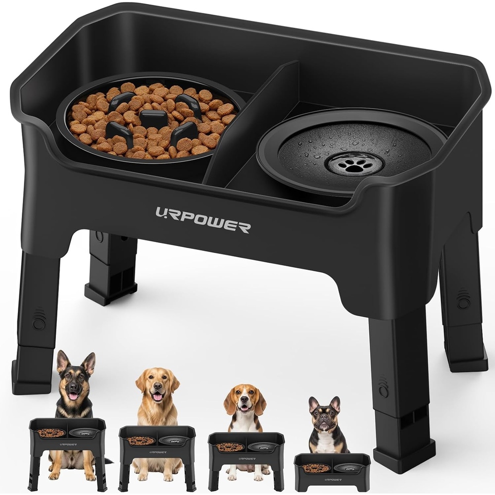 image:imageURPOWER Mess Proof Elevated Dog Bowls 4 Height Adjustable Raised Stand with No Spill Water Bowl and Slow Feeder Dog Bowls NonSlip Food and Water Bowl Set for Small Medium amp Large DogsBlack