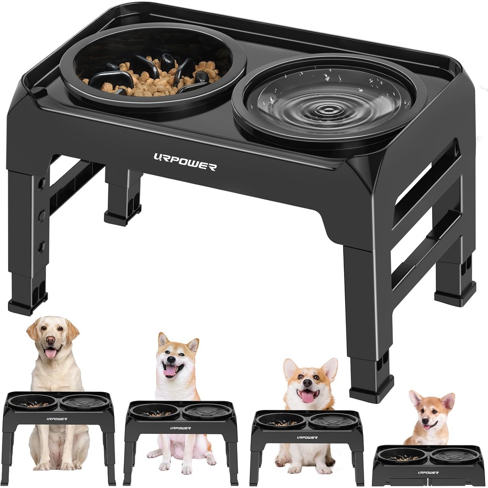 image:imageURPOWER Raised Dog Bowls 4 Height Adjustable Elevated Bowl Stand with Stainless Steel Water Bowl NonSlip Dog Food Bowls Stand for Small Medium Large Dogs and PetsMatte Black