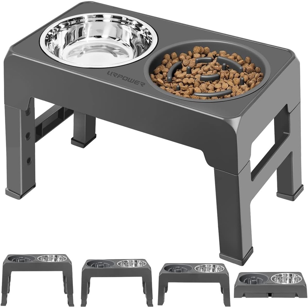 image:imageURPOWER Raised Dog Bowls 4 Height Adjustable Elevated Bowl Stand with Stainless Steel Water Bowl NonSlip Dog Food Bowls Stand for Small Medium Large Dogs and PetsDark Grey