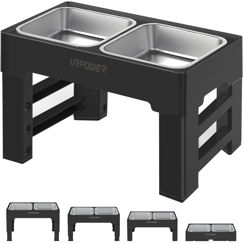 image:imageURPOWER Raised Dog Bowls 4 Height Adjustable Elevated Bowl Stand with Stainless Steel Water Bowl NonSlip Dog Food Bowls Stand for Small Medium Large Dogs and PetsCarbon Black