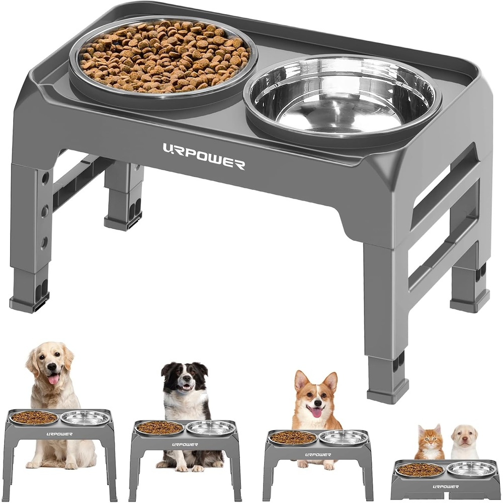 image:imageURPOWER Raised Dog Bowls 4 Height Adjustable Elevated Bowl Stand with Stainless Steel Water Bowl NonSlip Dog Food Bowls Stand for Small Medium Large Dogs and PetsLight Grey