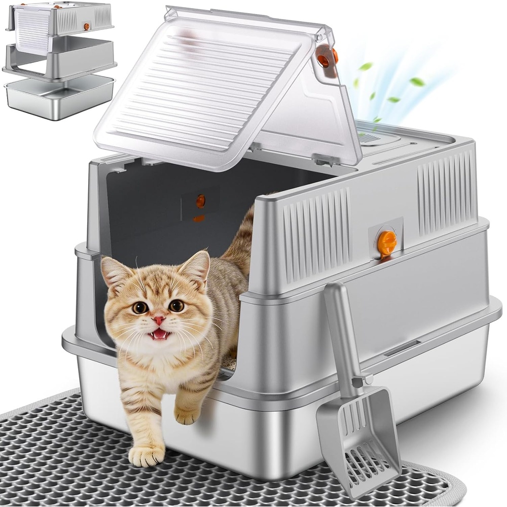 image:imageURPOWER Stainless Steel Cat Litter Box with 110 FlipTop Lid XL Enclosed Metal Litter Box for Large Cats Odor Control AntiUrine Leakage NonStick Pan Front Entry Top Exit Scoop amp Mat IncludedLight Gray