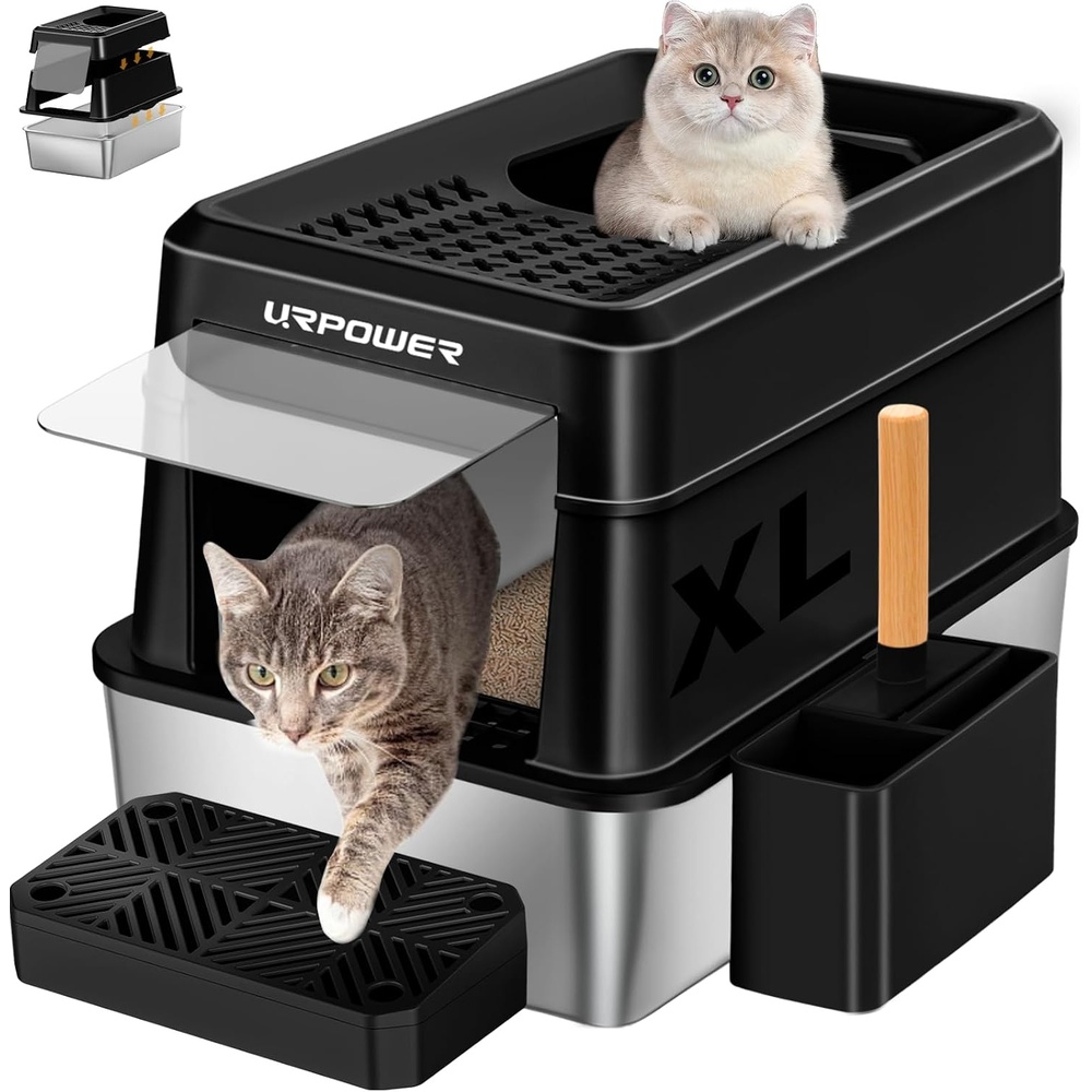 image:imageURPOWER Stainless Steel Cat Litter Box with Lid Extra Large Enclosed Litter Box NonSticky Metal Pan with High Sided amp Scoop Odor Free Front amp Top Entry AntiLeakage Easy CleaningBlack