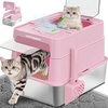 URPOWER Stainless Steel Cat Litter Box with 110° Flip-Top Lid, XL Enclosed Metal Litter Box for Large Cats, Odor Control, Anti-Urine Leakage, Non-Stick Pan, Front Entry Top Exit, Scoop & Mat Included(Pink)
