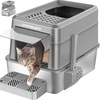 URPOWER Stainless Steel Cat Litter Box with Lid Extra Large Enclosed Litter Box Non-Sticky Metal Pan with High Sided & Scoop, Odor Free, Front & Top Entry, Anti-Leakage, Easy Cleaning(Gray)