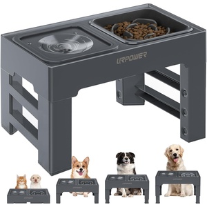 URPOWER 2-in-1 Elevated Slow Feeder Dog Bowls with No-Spill Water Bowl, 4 Height-Adjustable Raised Dog Bowls, Non-Slip Food and Water Bowls with Stand for Small, Medium, Large Dogs, Cats and Pets(Grey)