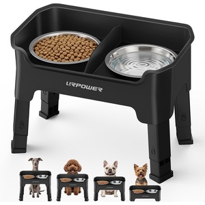 URPOWER 3-in-1 Elevated Dog Bowls – Mess Proof Double Deck 4 Height Adjustable Raised Stand with 2 Stainless Steel Food Bowls & Licking Plate for Small, Medium & Large Dogs(Black)