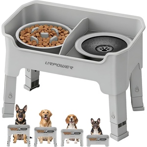 URPOWER Mess Proof Elevated Dog Bowls 4 Height Adjustable Raised Stand with No Spill Water Bowl and Slow Feeder Dog Bowls Non-Slip Food and Water Bowl Set for Small, Medium & Large Dogs(Light Grey)