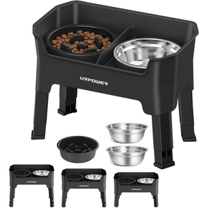 URPOWER Mess Proof Elevated Dog Bowls 4 Height Adjustable Raised Stand with No Spill Water Bowl and Slow Feeder Dog Bowls Non-Slip Food and Water Bowl Set for Small, Medium & Large Dogs(Jet Black)