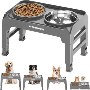 URPOWER Raised Dog Bowls 4 Height Adjustable Elevated Bowl Stand with Stainless Steel Water Bowl Non-Slip Dog Food Bowls Stand for Small Medium Large Dogs and Pets(Light Grey)