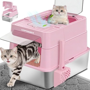 URPOWER Stainless Steel Cat Litter Box with 110° Flip-Top Lid, XL Enclosed Metal Litter Box for Large Cats, Odor Control, Anti-Urine Leakage, Non-Stick Pan, Front Entry Top Exit, Scoop & Mat Included(Pink)