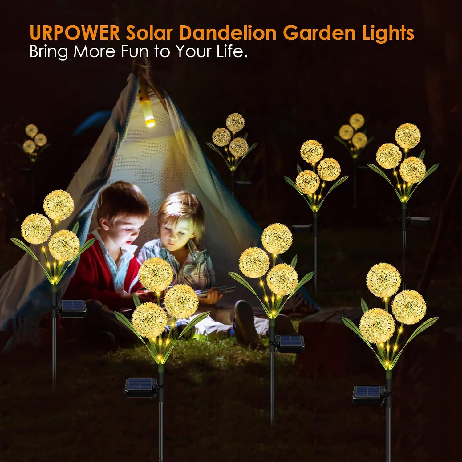 image:imageURPOWER 2 Pack 36 LED Solar Garden Lights with 2 Modes 3in1 Solar Dandelion Flowers IP65 Waterproof Solar Powered Outdoor Lights for Garden Yard Decor Warm White