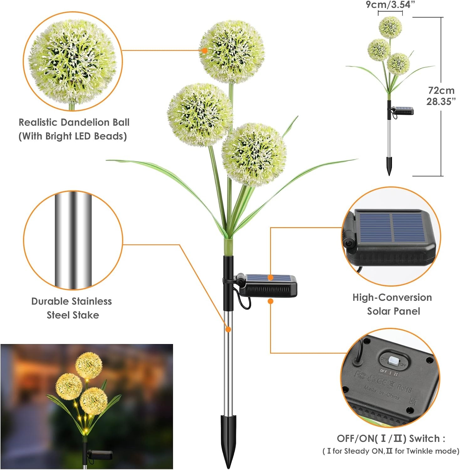 image:imageURPOWER 2 Pack 36 LED Solar Garden Lights with 2 Modes 3in1 Solar Dandelion Flowers IP65 Waterproof Solar Powered Outdoor Lights for Garden Yard Decor Warm White