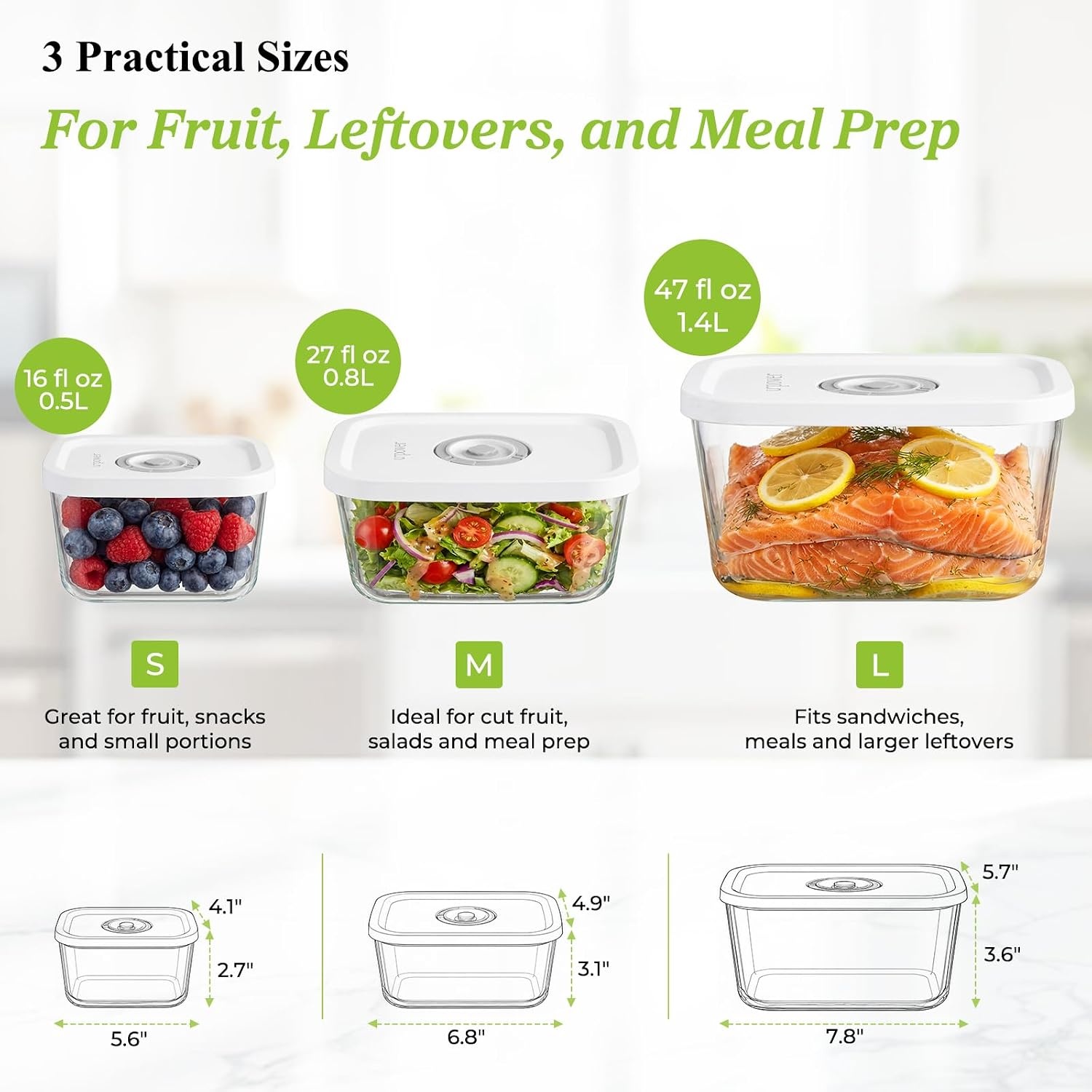 image:imageURPOWER Glass Vacuum Seal Containers for Food Storage 3PCS SetSML with Lids Airtight Food Storage Containers Stackable Vacuum Containers for Leftovers Meal Prep Fridge Freezer amp Pantry