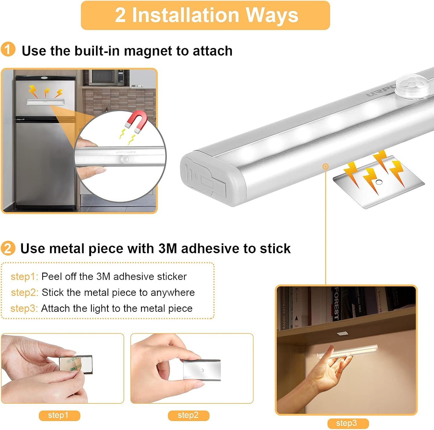 image:imageURPOWER Motion Sensor Light Indoor 10 LED Motion Sensor Closet Lights Battery Operated Magnetic Under Cabinet Lights Strip Wireless Stick Up Night Lights Bar for Hallway Stair 3 Pack Warm White