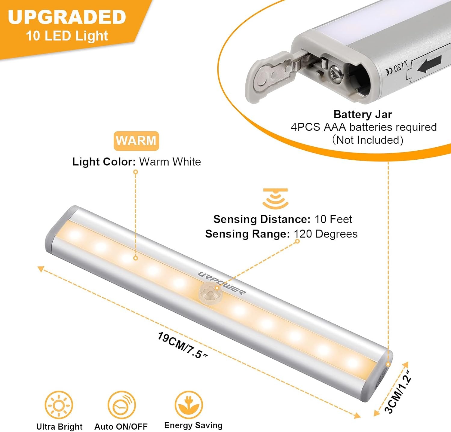 image:imageURPOWER Motion Sensor Light Indoor 10 LED Motion Sensor Closet Lights Battery Operated Magnetic Under Cabinet Lights Strip Wireless Stick Up Night Lights Bar for Hallway Stair 3 Pack Warm White