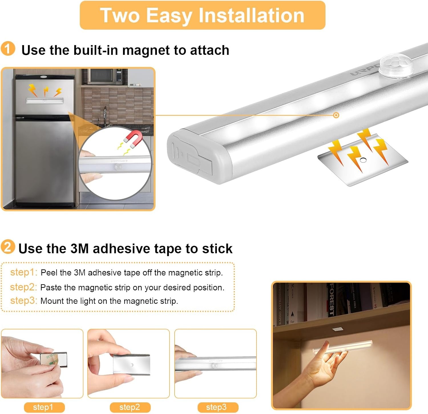 image:imageURPOWER Motion Sensor Light Indoor 10 LED Motion Sensor Closet Lights Battery Operated Magnetic Under Cabinet Lights Strip Wireless Stick Up Night Lights Bar for Hallway Stair 1 Pack Warm White