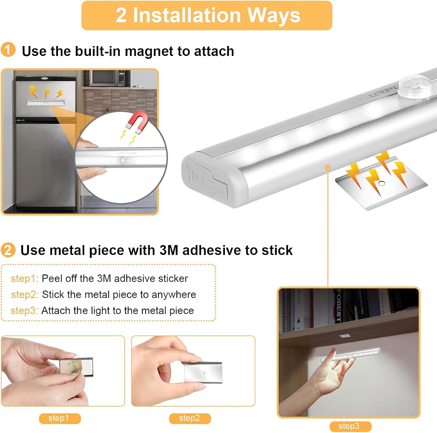 image:imageURPOWER Motion Sensor Light Indoor Motion Sensor Closet Lights Battery Operated Magnetic Under Cabinet Lights Strip Wireless Stick Up Night Lights Cool White 2 Pack