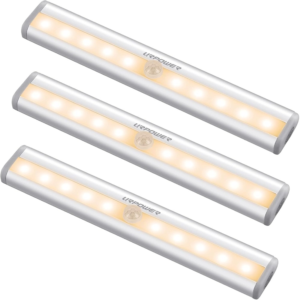image:imageURPOWER Motion Sensor Light Indoor 10 LED Motion Sensor Closet Lights Battery Operated Magnetic Under Cabinet Lights Strip Wireless Stick Up Night Lights Bar for Hallway Stair 3 Pack Warm White