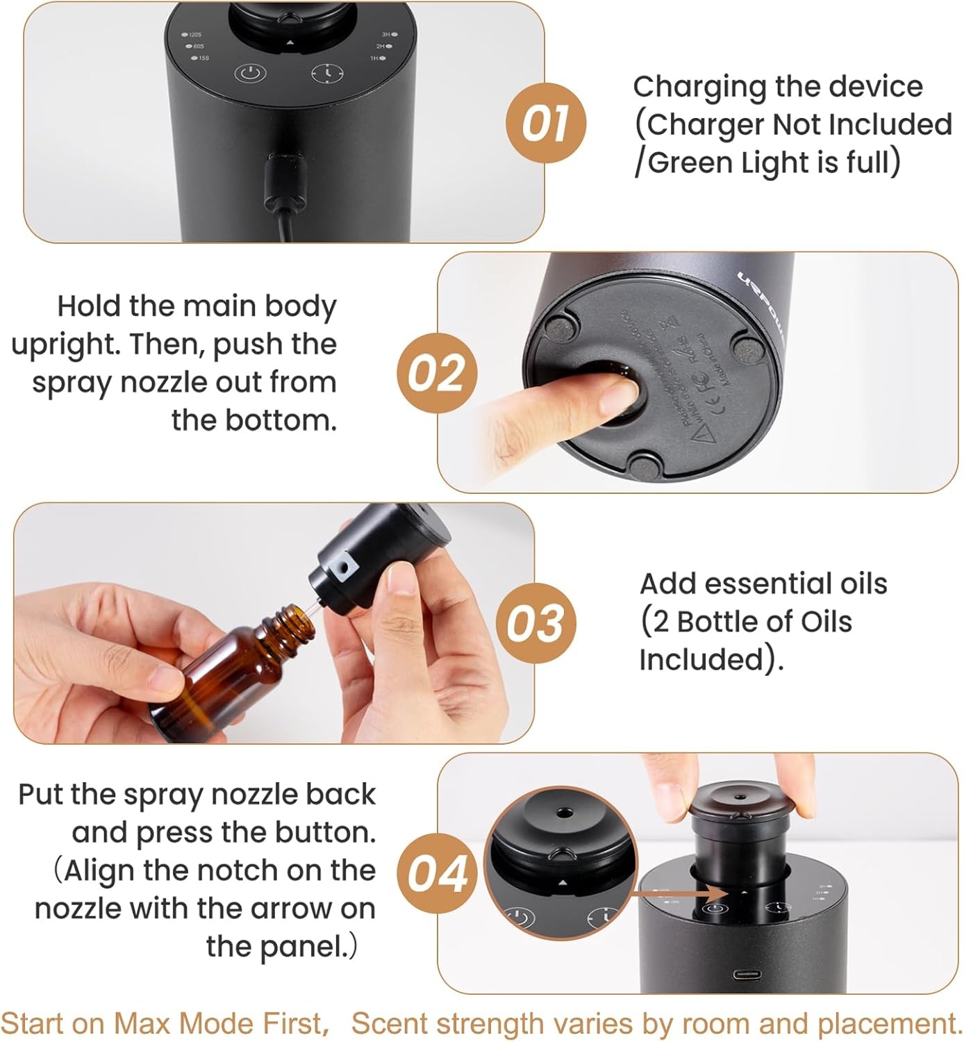 image:imageURPOWER Waterless Essential Oil Diffuser Cordless Mini Scent Diffuser 20mL Includes 2 x 20mL Essential Oils Battery Operated Design Aluminum Body Portable Size for Car Home and Office Use SilverBlack