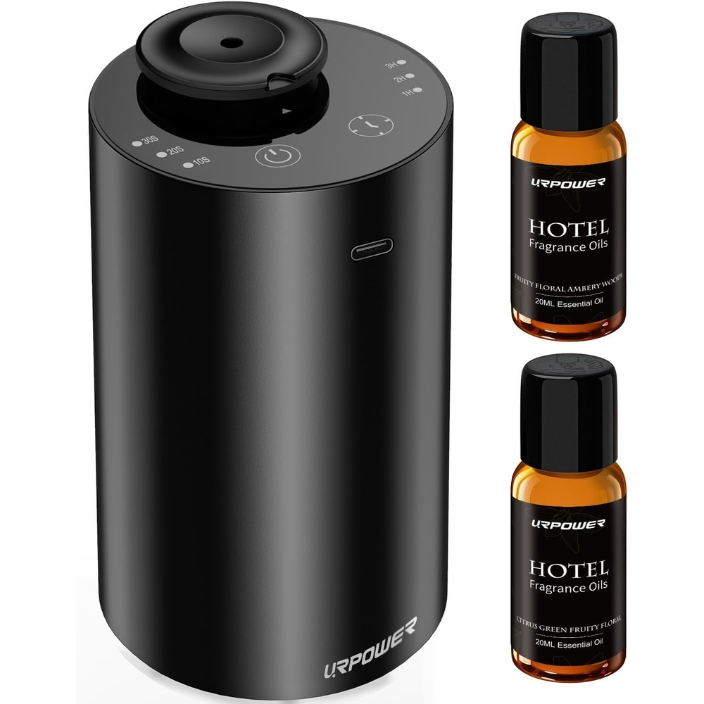 image:imageURPOWER Waterless Essential Oil Diffuser Cordless Mini Scent Diffuser 20mL Includes 2 x 20mL Essential Oils Battery Operated Design Aluminum Body Portable Size for Car Home and Office Use SilverBlack