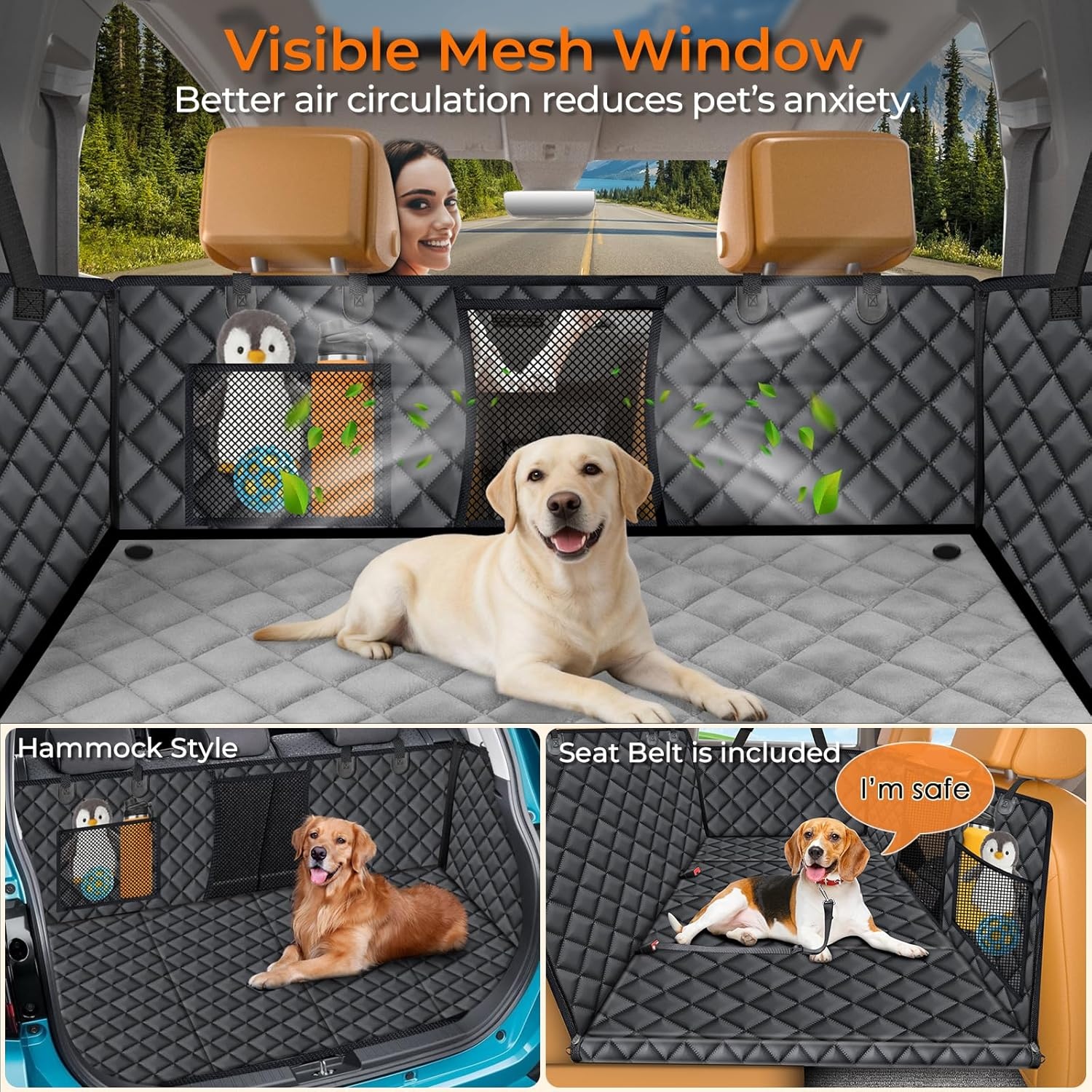 image:imageURPOWER Hard Bottom Dog Car Seat Cover Back Seat Extender with Blanket 2 in 1 Design NonSlip Blanket 400 lbs Support 40 More Space Waterproof Fits Cars amp SUVs Mesh Window Easy CareBlack with Grey